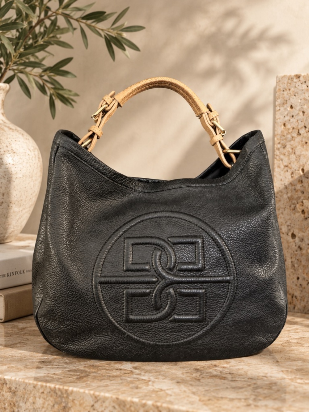 Bolvaint René Noir Motif Black Pebbled Leather Hobo Shoulder Bag
